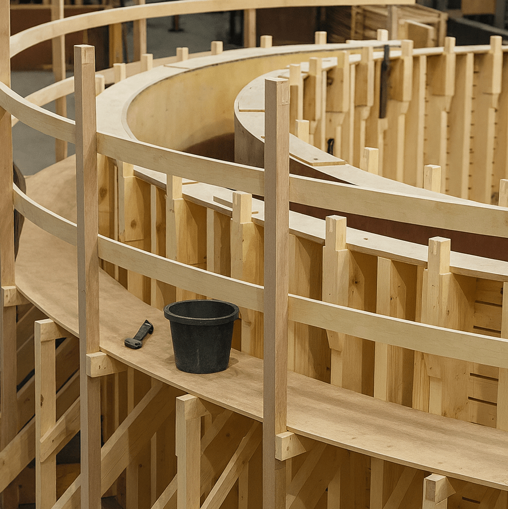 Curved bespoke concrete mould under construction showing precision timber formwork for circular precast concrete elements