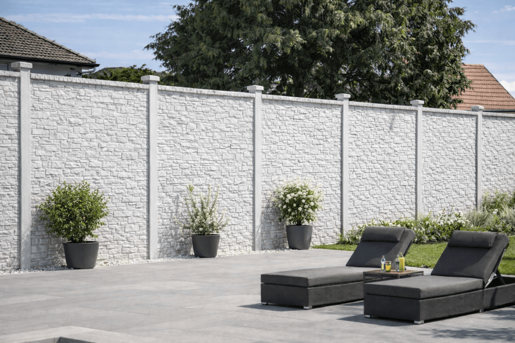 Custom stone effect concrete fence panels installed in a modern UK garden, low maintenance boundary fencing with matching posts in Belfast and Ireland