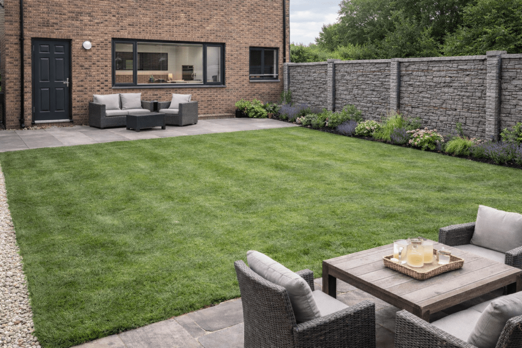 Stone-effect concrete fence panels installed in a modern UK rear garden with landscaped borders and large kitchen window