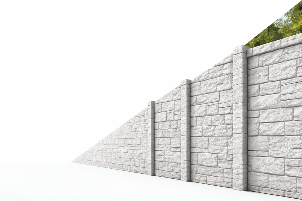 White stone-effect concrete fence panels installed with matching posts, durable low-maintenance boundary fencing for residential and commercial projects in the UK and Ireland