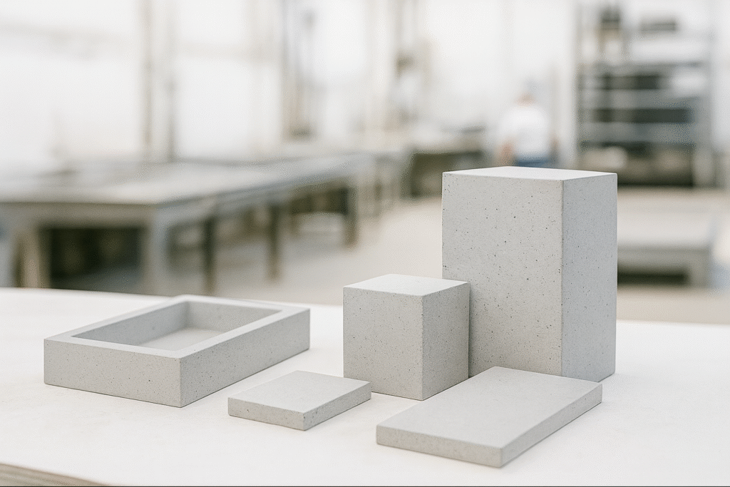 Selection of concrete mould samples on a workbench inside a precast manufacturing workshop.