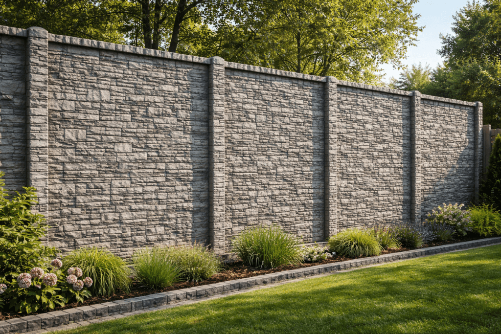 Stone effect concrete fence panels with matching posts installed in a landscaped garden, modern low maintenance boundary fencing