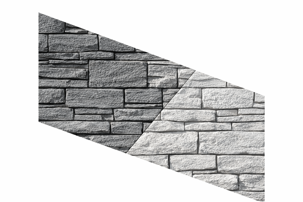 Diagonal comparison of custom stone effect concrete fence panels in grey and white, modern low maintenance fencing for UK and Ireland properties